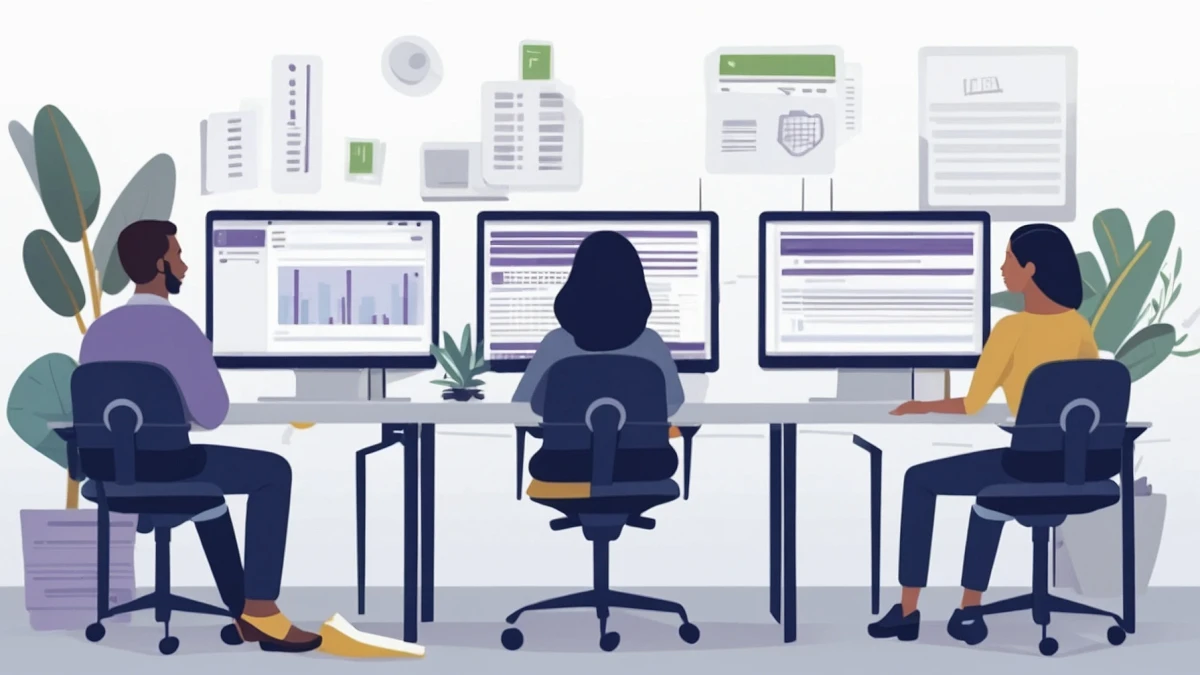 Blick auf drei Teammitglieder, die im Büro sitzen un remote an Computern arbeiten. Soll die Anpassungsfähigkeit von Dokumentenverwaltungstechnologien in hybriden Arbeitsumgebungen betonen | SPIRIT/21