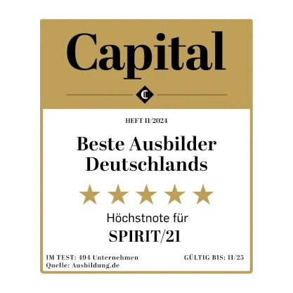 Auszeichnung Beste Ausbilder Deutschlands; Höchstnote: 5/5 Sternen; ausgezeichnet von Capital | SPIRIT/21