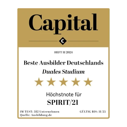 Auszeichnung Beste Ausbilder Deutschlands; Duales Studium; Höchstnote: 5/5 Sternen; ausgezeichnet von Capital | SPIRIT/21