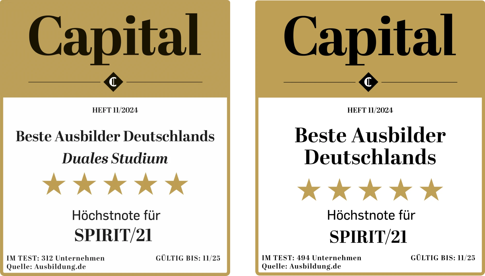 In dem Schaubild sind 2 Zertifikate der SPIRIT/21 zu sehen. Das linke Zertifikat ist ausgeschrieben für "Beste Ausbilder Deutschlands, 5 Sterne, Höchstnote für SPIRIT/21". Das rechte Zertifikat ist ausgeschrieben für "Beste Ausbilder Deutschlands Duales Studium, 5 Sterne, Höchstnote für SPIRIT/21". Beide Zertifikate sind ausgestellt von "Capital". | The diagram shows 2 certificates from SPIRIT/21. The certificate on the left is for “Best trainers in Germany, 5 stars, top score for SPIRIT/21”. The certificate on the right is advertised for “Best trainers in Germany for dual studies, 5 stars, top score for SPIRIT/21”. Both certificates are issued by “Capital”. | SPIRIT/21