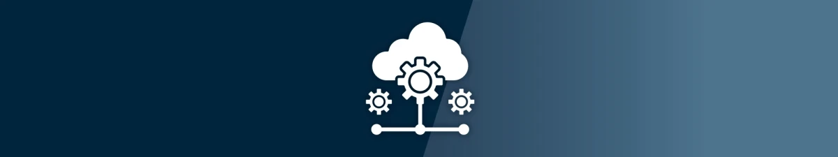 Banner, welcher links dunkelblau und rechts hellblau ist; in der Mitte steht ein Icon aus einer Wolke und Zahnr&auml;der | SPIRIT/21