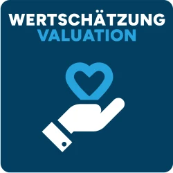 Quadratische Kachel mit den Schriftzug "Wertschätzung" und "Valuation"; darunter ein Icon mit einer offenen Hand und einem Herz | SPIRIT/21