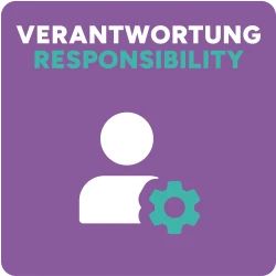 Quadratische Kachel mit den Schriftzug "Verantwortung" und "Responsibility"; darunter ein Icon mit einer Person undeinem Zahnrad | SPIRIT/21