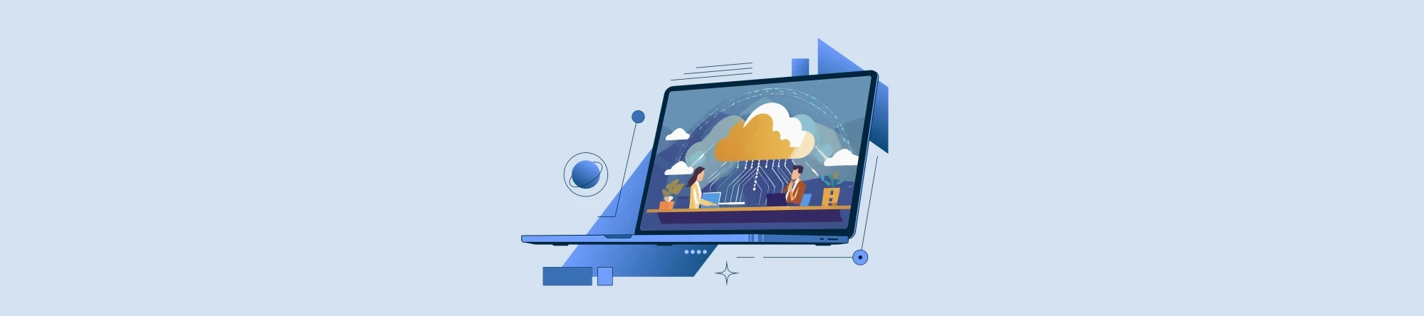 Banner; Ein blauer KI-genierter Laptop mit einer Wolke auf dem Display smbolisiert Cloudcomputing | SPIRIT/21