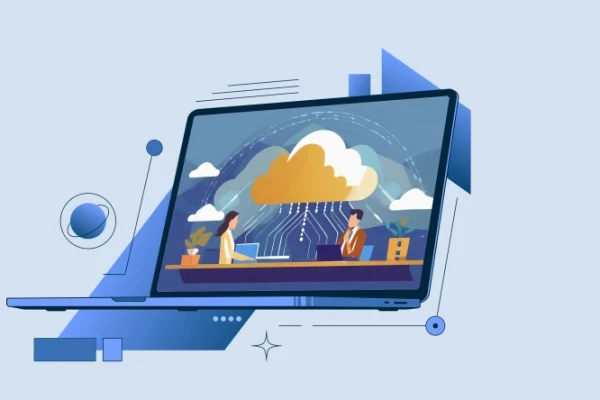 Banner; Ein blauer KI-genierter Laptop mit einer Wolke auf dem Display smbolisiert Cloudcomputing | SPIRIT/21