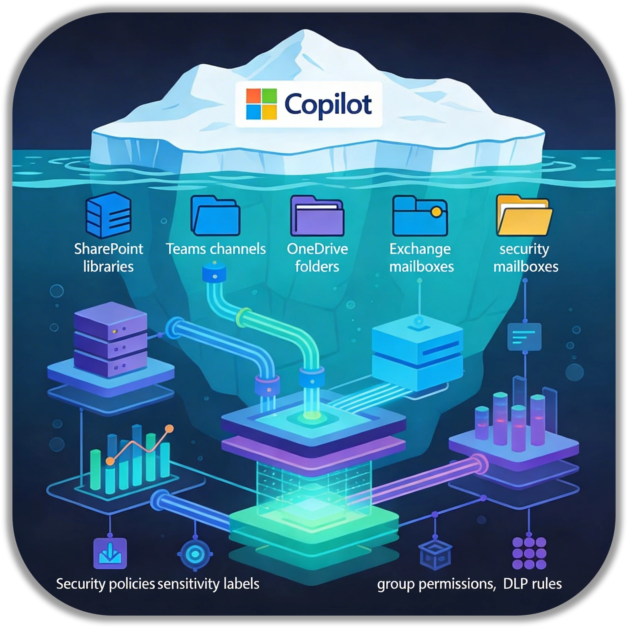 Create a professional, modern infographic-style illustration showing an iceberg metaphor.  Above the waterline: a clean, simple surface labeled "Copilot".  Below the waterline: a complex digital ecosystem with icons and structures representing  SharePoint libraries, Teams channels, OneDrive folders, Exchange mailboxes,  security policies, sensitivity labels, group permissions, and DLP rules.  Visualize data pipelines, access controls, and layered governance frameworks.  Show Copilot navigating this environment without creating new data, only accessing what is permitted.  Use a clear, tech-oriented, minimalistic design in Microsoft-style colors  blue.  High detail below the waterline, simple design above the waterline.  No text inside the graphic, only visual metaphors. | SPIRIT/21