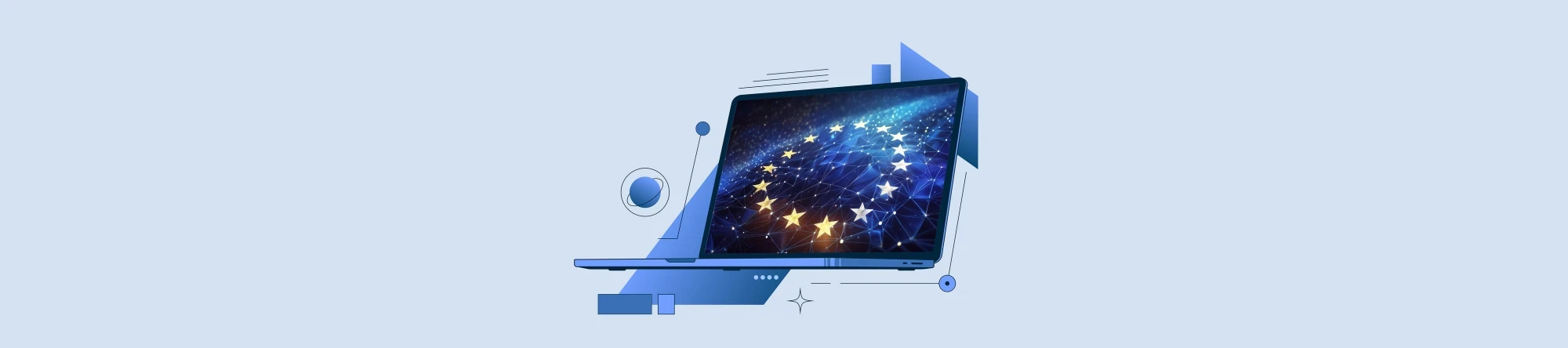 Digitale Flagge der Europäischen Union, bestehend aus Sternen, die über ein Netzwerk dynamischer Datenpunkte leuchten und Konnektivität und Einheit symbolisieren | SPIRIT/21