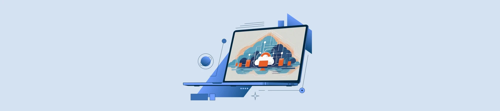 Ein KI-generierter Laptop vor blauem Hintergrund mit Wolken auf dem Display, welche Cloudsomputing symbolisieren | SPIRIT/21