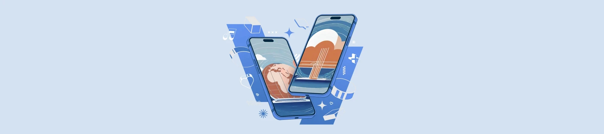 Zwei ki-genierte Smartphones vor einem blauen Hintergrund mit Wolken auf dem Display, welche Cloudcomputing symbolisieren | SPIRIT/21