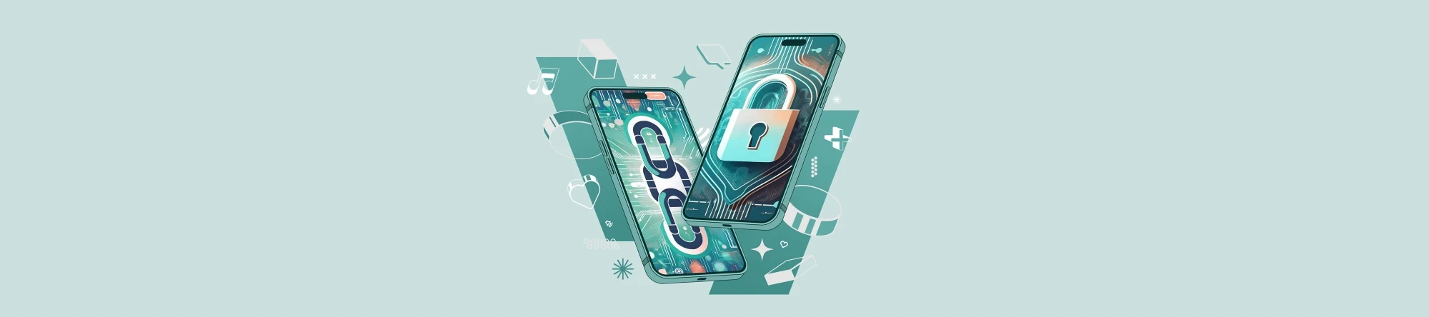 Zwei KI-genierte Smartphones mit einer einer Blockchain-Sicherheitskette und einem Vorhängeschloss, welche IT-Sicherheit, Informationssicherheit und Cyber-Sicherheit symboliseren | SPIRIT/21