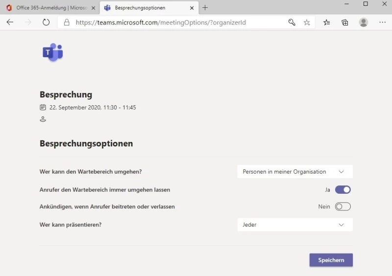 Teams: Öffnet sich in einem Browser-Fenster: Die Besprechungsoptionen mit den wichtigen Einstellungen zu Wartebereich und Präsentation | SPIRIT/21