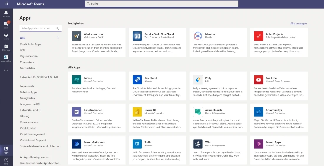 Der Navigation weitere Apps hinzufügen: Der App-Store ist gut gefüllt. Allerdings sollte die Teams-Governance definieren, welche Nutzergruppen welche Apps installieren und nutzen dürfen | SPIRIT/21