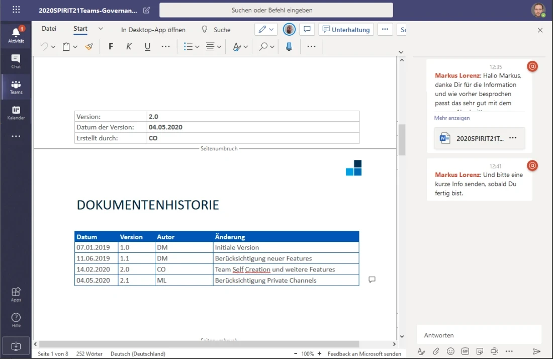Gemeinsame Bearbeitung eines Word-Dokumentes in der Registerkarte Datei inkl. zugehörigem Chat, Informationen über die parallelen Bearbeiter sowie Markierung der bearbeiteten Abschnitte. | SPIRIT/21