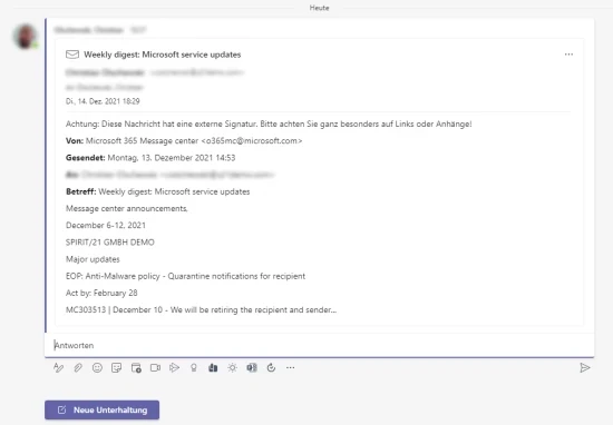 Screenshot Abbildung 5: Die geteilte E-Mail in Teams kommentieren | SPIRIT/21