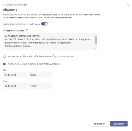 Screenshot Abbildung 9: Erstellung einer Abwesenheitsmeldung in Teams | SPIRIT/21