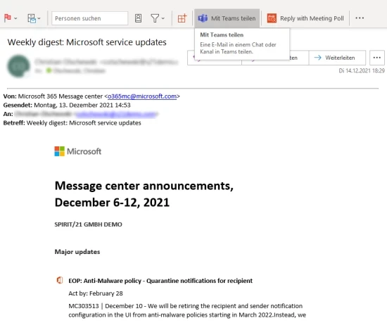 Screenshot Abbildung 4: Eine E-Mail aus Outlook heraus mit Teams teilen | SPIRIT/21