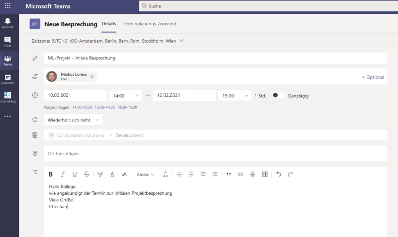 Screenshot Microsoft Teams: Eine Besprechungseinladung aus der Kanalkalender-App inklusive vorausgefülltem Kanal   | SPIRIT/21