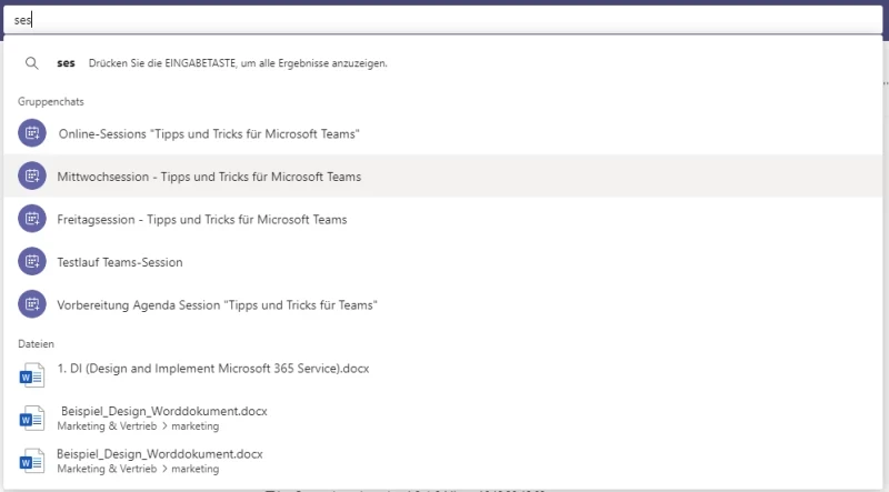 Screenshot Microsoft Teams: Ranking und Darstellung der Ergebnisse während der Sucheingabe   | SPIRIT/21