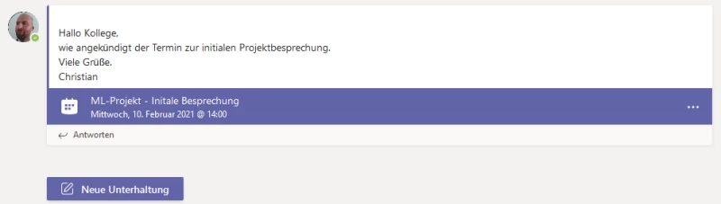 Screenshot Microsoft Teams: Der Termin erscheint auch als Beitrag in den Unterhaltungen | SPIRIT/21