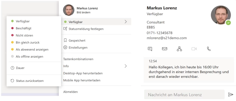 Screenshot Microsoft Teams: Links: Statusdauer und -meldung festlegen. Rechts: Eine aktivierte Statusmeldung im Profilbild. | SPIRIT/21