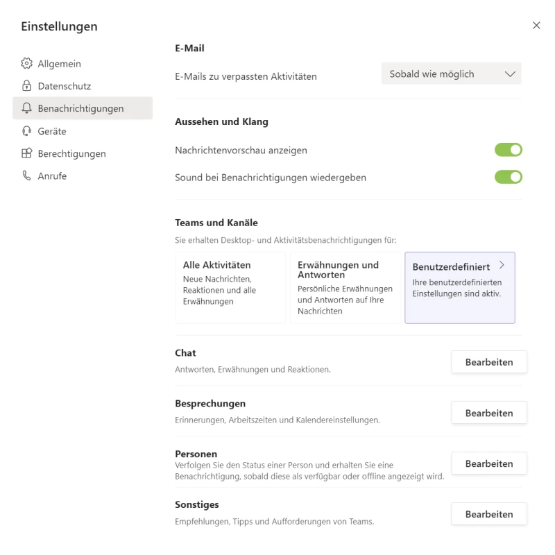 Screenshot Microsoft Teams: Die Benachrichtigungseinstellungen zeigen sich aktuell nun deutlich aufgeräumter. | SPIRIT/21