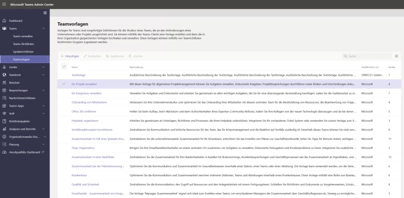 Screenshot Microsoft Teams: Übersicht der vorhandenen Teamvorlage im Admin Center sowie die Möglichkeit, eigene Vorlagen zu erstellen. | SPIRIT/21