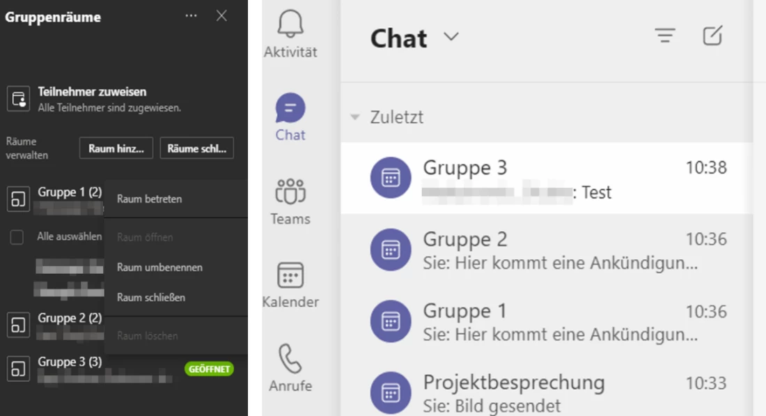 Screenhsot Microsoft Teams: Links: Die Räume einer gestarteten Gruppenraum-Session können durch den Organisatoren einzelnen betreten werden. Rechts: Nach Abschluss eines Meetings stehen die Gruppenräume den Teilnehmer'innen zur Verfügung. Nur als Organisator'in sieht man (wie in diesem Beispiel) alle Räume. | SPIRIT/21