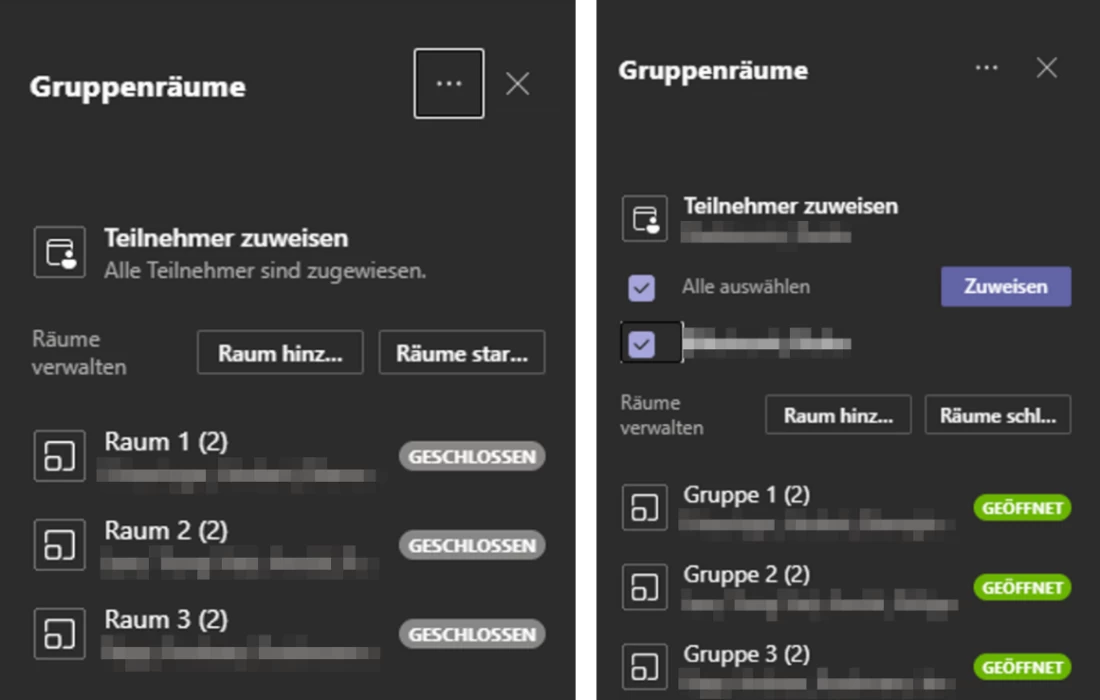 Screenshot Microsoft Teams: Links: Die ersten Nutzer'innen sind bereits zugewiesen, die Räume aber noch nicht umbenannt und noch geschlossen. Rechts: Ein'e Nachzügler'in wird einem der nun unbenannten und geöffneten Räume hinzugefügt. | SPIRIT/21