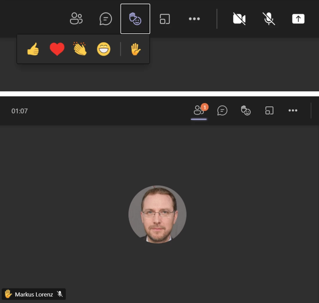 Screenshot Microsoft Teams: Die neuen Reaktionen. Links unten gut sichtbar: Der Teilnehmer hat über die "Reaktionen" seine virtuelle Hand gehoben. | SPIRIT/21