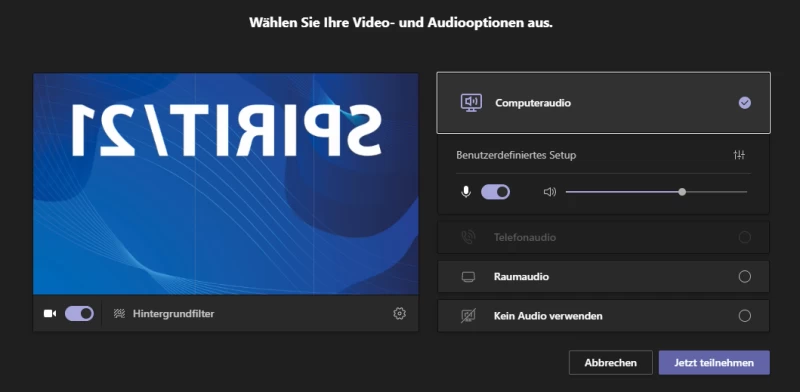 Screenshot Microsoft Teams: Spiegelverkehrt und trotzdem richtig und hilfreich: Audio- und Videoeinstellungen vorab einstellen. | SPIRIT/21