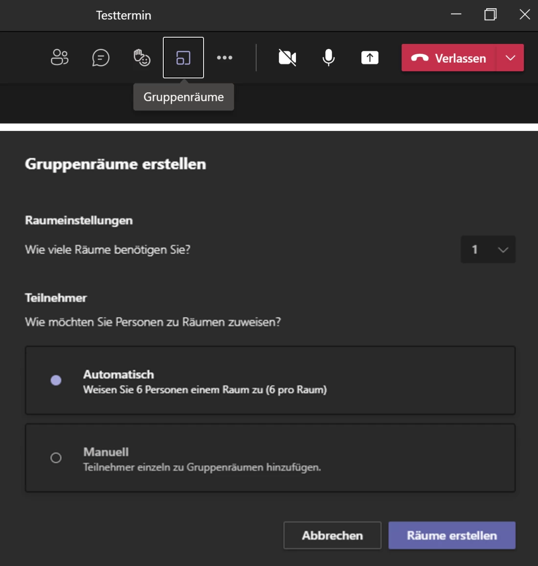 Screenshot Microsoft Teams: Oben: Mit der Schaltfläche "Gruppenräume" geht es los. Unten: Anschließend wird bei "Gruppenräume erstellen" die Raumanzahl und Verteilungsart abgefragt | SPIRIT/21