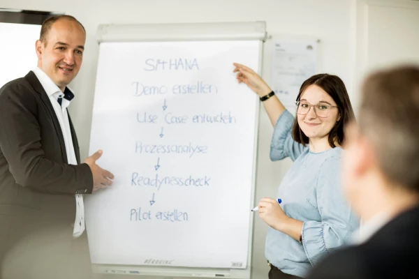 Ein Mann (links) und eine Frau (rechts) stehen vor einem Whiteboard und präsentieren in geschäftlichen Bereich das Thema SAP S/4HANA | SPIRIT/21