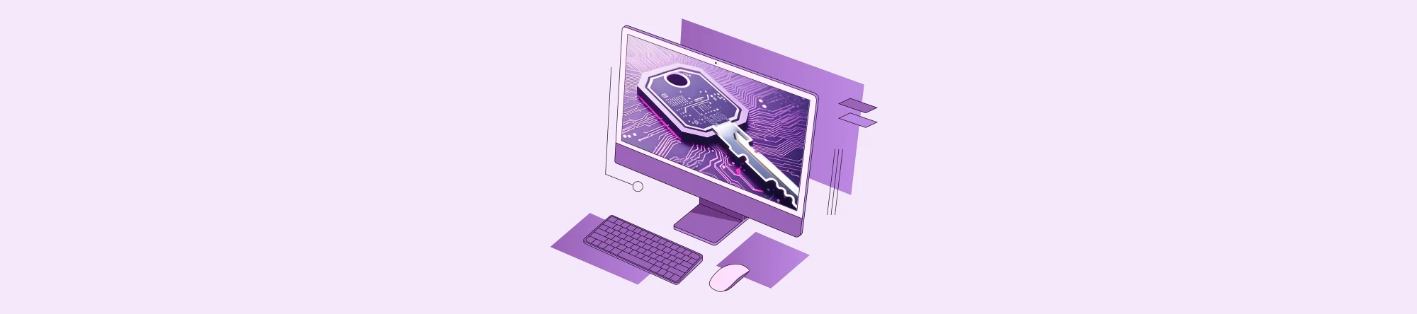 Digital purple key on a dark circuit board symbolizing cybersecurity and data encryption. The Picture is on the Screen of a Mac Computer.