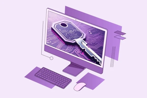 Digital purple key on a dark circuit board symbolizing cybersecurity and data encryption. The Picture is on the Screen of a Mac Computer.