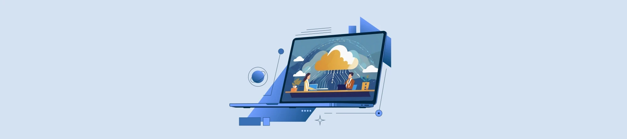 Ein KI-generierter Laptop vor blauem hintergrund mit zwei Personen und einer Wolke. Die Wolke symbolisiert Cloudcomputing | SPIRIT/21