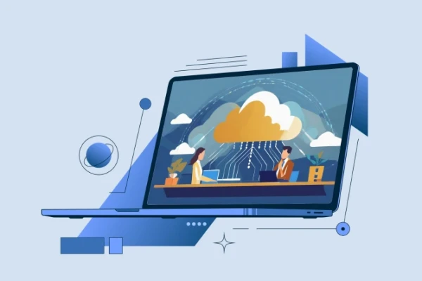 Ein KI-generierter Laptop vor blauem hintergrund mit zwei Personen und einer Wolke. Die Wolke symbolisiert Cloudcomputing | SPIRIT/21