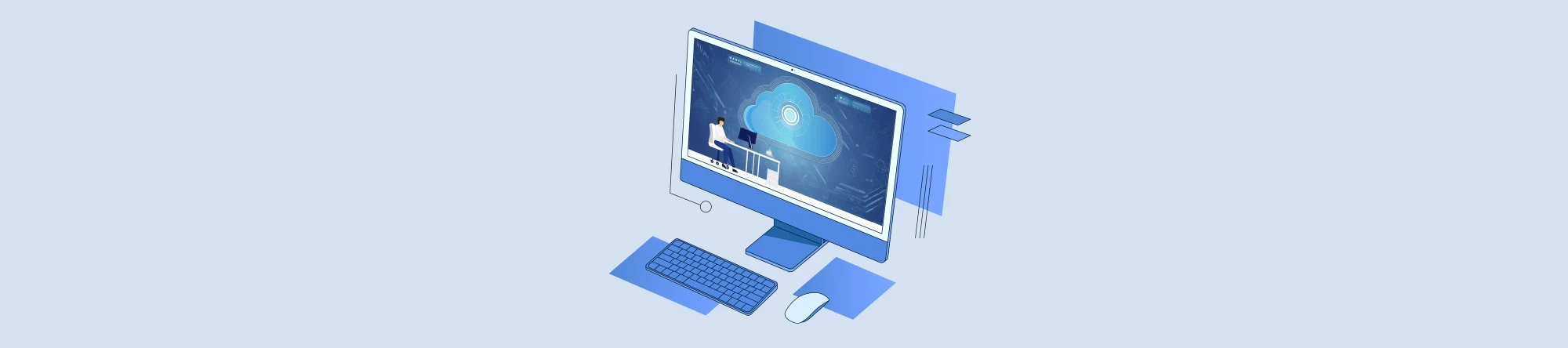 Banner; Grafik eines Computers mit einer Wolke und einem Menschen am Schreibtisch in blau; Symbolisiert Cloudcomputing mit VMWare oder Alternativen | SPIRIT/21