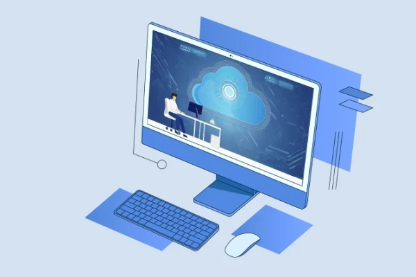 Banner; Grafik eines Computers mit einer Wolke und einem Menschen am Schreibtisch in blau; Symbolisiert Cloudcomputing mit VMWare oder Alternativen | SPIRIT/21