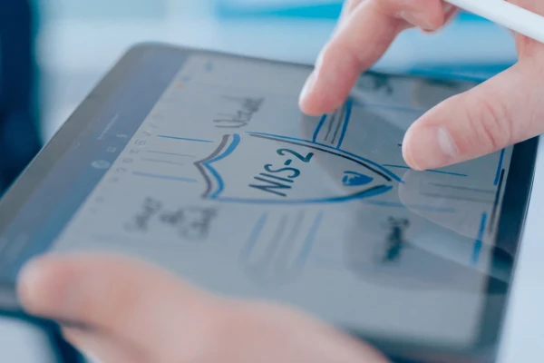 Nahaufnahme eines Tablets, auf dem mit einem Eingabestift eine Skizze mit einem Schildsymbol und der Aufschrift NIS‑2 gezeichnet wird. | SPIRIT/21