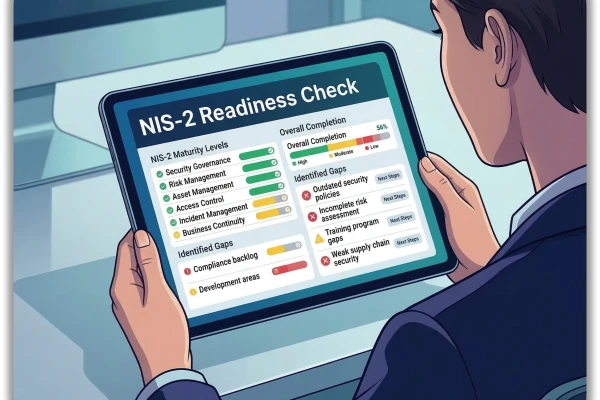 Illustration einer Person, die ein Tablet mit einer &Uuml;bersicht zum NIS‑2‑Readiness‑Check h&auml;lt. Auf dem Display sind Bewertungsbalken zu Sicherheitsgovernance, Risikomanagement, Incident Management und identifizierten Sicherheitsl&uuml;cken zu sehen. | SPIRIT/21