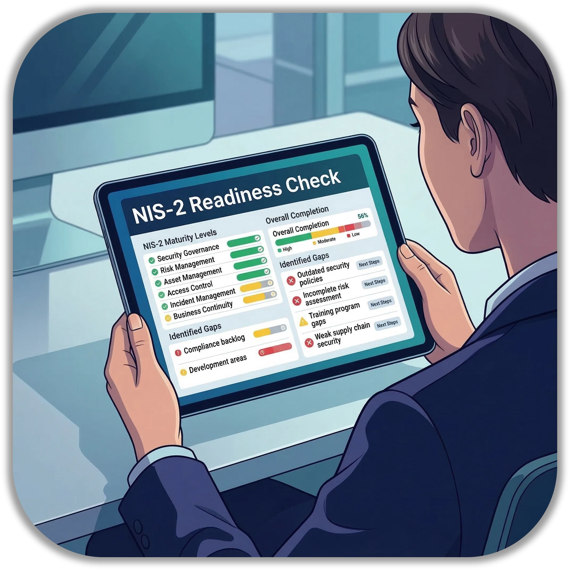 Illustration einer Person, die ein Tablet mit einer &Uuml;bersicht zum NIS‑2‑Readiness‑Check h&auml;lt. Auf dem Display sind Bewertungsbalken zu Sicherheitsgovernance, Risikomanagement, Incident Management und identifizierten Sicherheitsl&uuml;cken zu sehen. | SPIRIT/21