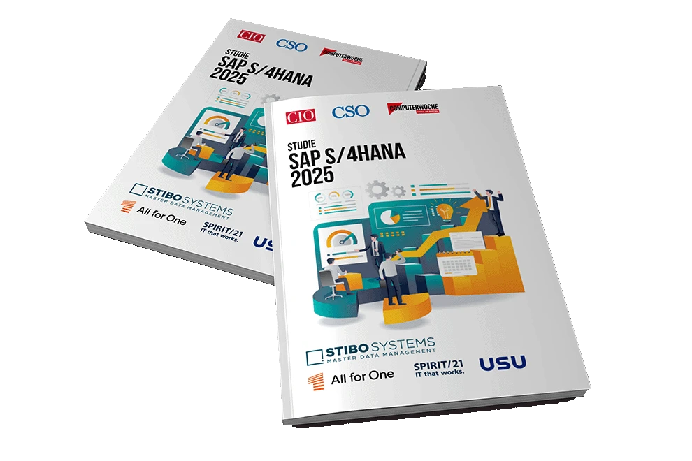 Cover der Studie „SAP S/4HANA 2025“ mit abstrakter Illustration einer digitalen Arbeitsumgebung; Logos der Herausgeber CIO, CSO und COMPUTERWOCHE sowie Sponsoren STIBO Systems, All for One, SPIRIT/21 und USU. | SPIRIT/21