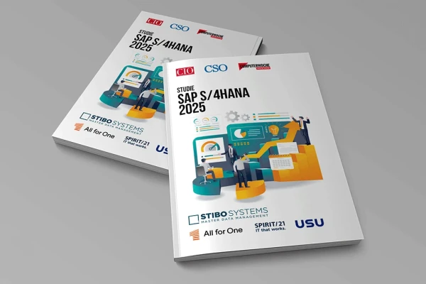 Cover der Studie &bdquo;SAP S/4HANA 2025&ldquo; mit abstrakter Illustration einer digitalen Arbeitsumgebung; Logos der Herausgeber CIO, CSO und COMPUTERWOCHE sowie Sponsoren STIBO Systems, All for One, SPIRIT/21 und USU. | SPIRIT/21