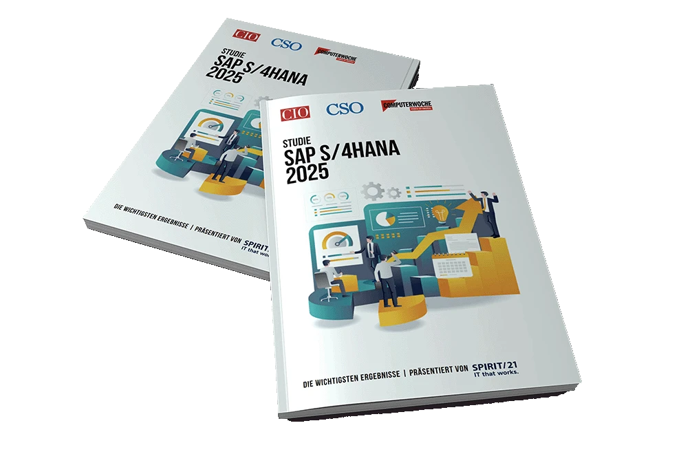 3D-Darstellung von zwei übereinandergelegten Exemplaren des Whitepapers zur Studie „SAP S/4HANA 2025“ mit grafischer Titelillustration und SPIRIT/21-Logo auf weißem Hintergrund. | SPIRIT/21