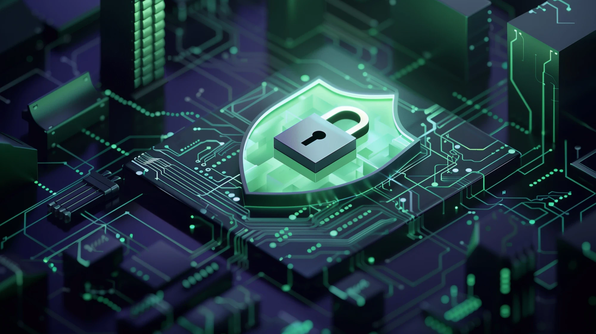 Digitales Sicherheitssymbol in Form eines grünen Schildes mit Vorhängeschloss auf einer abstrakten Leiterplattenstruktur – Symbol für Cyber Security und Zero Trust. | SPIRIT/21