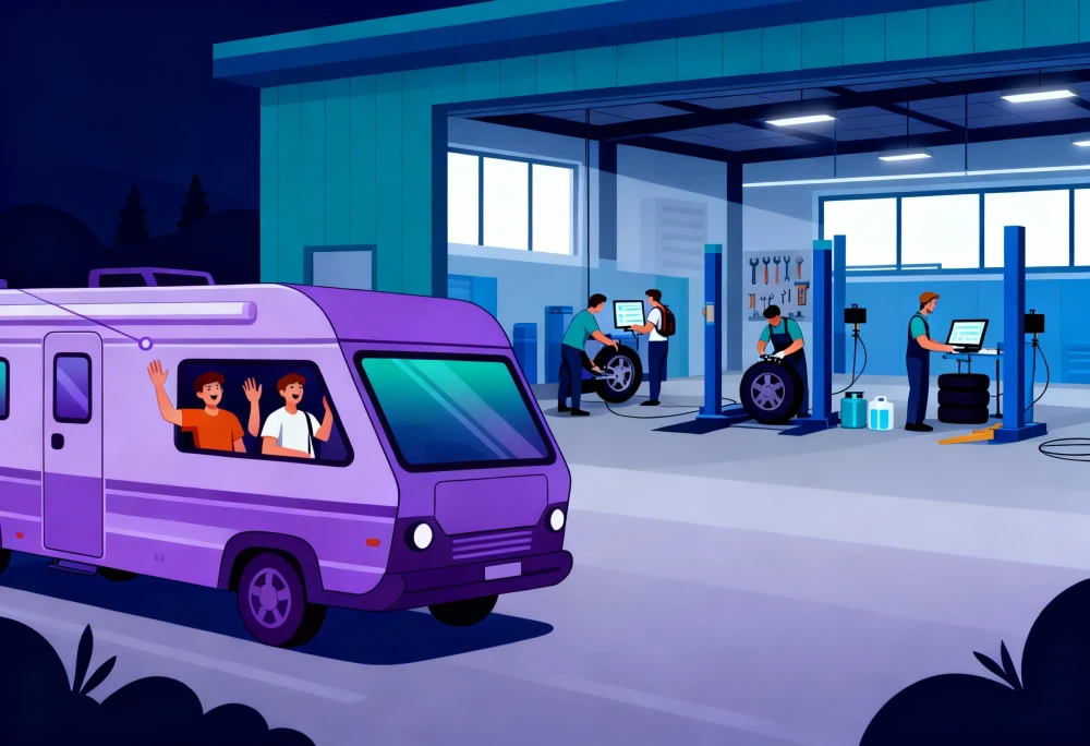Zwei Personen winken fröhlich aus einem lilafarbenen Wohnmobil, während in der Werkstatt Mechaniker Reifen prüfen und reparieren. | SPIRIT/21