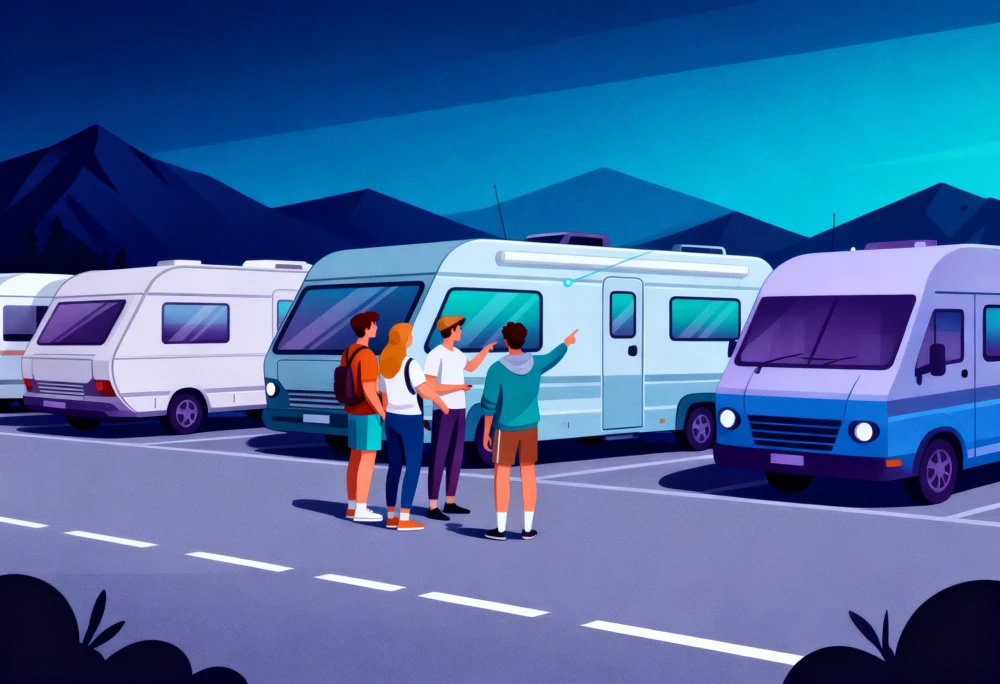Eine Gruppe junger Menschen steht auf einem Parkplatz mit mehreren Wohnmobilen und diskutiert bei Abendstimmung über die Auswahl ihres Fahrzeugs. | SPIRIT/21