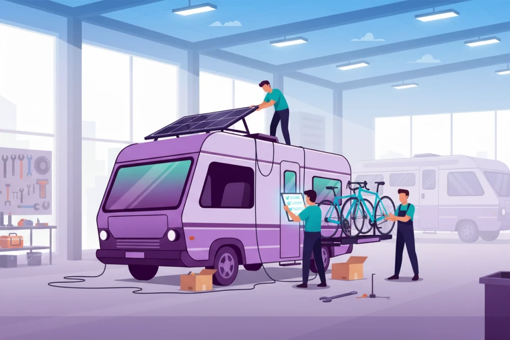 Techniker rüsten ein lilafarbenes Wohnmobil in einer Werkstatt aus, montieren Solarpanels und Fahrräder, um den Camper zu optimieren. | SPIRIT/21