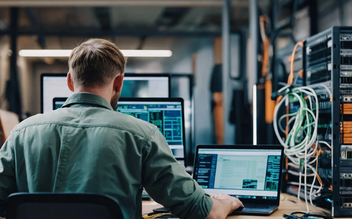 Blick &uuml;ber die Schulter auf einen Mann, der an einem Laptop vor einem Netzwerk von Kabeln arbeitet. Er ist auf seine Arbeit konzentriert, m&ouml;glicherweise auf die Behebung eines Problems oder die Konfiguration eines Systems. | SPIRIT/21