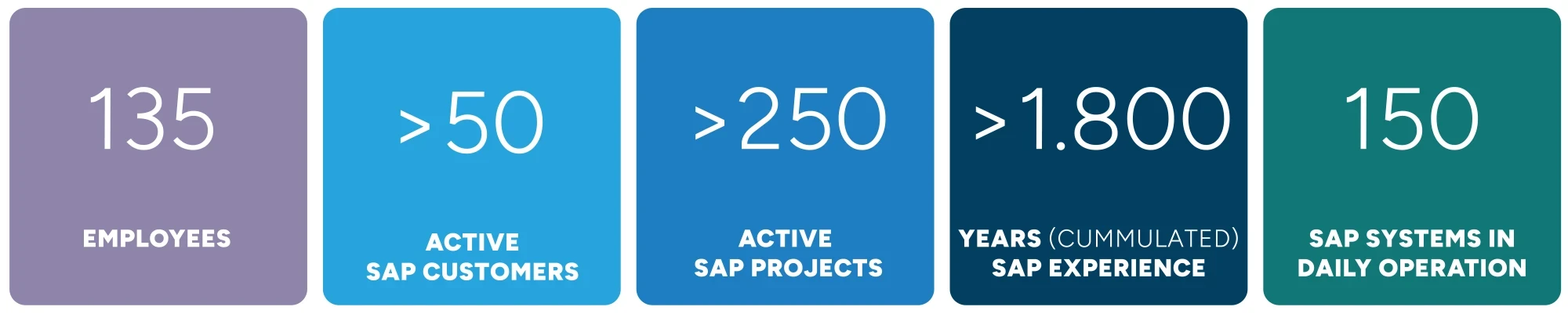 Foto zeigt einen Überblick über das SAP-Umfeld bei SPIRIT/21: 135 engagierte Mitarbeiterinnen und Mitarbeiter, über 50 zufriedene SAP-Kunden, mehr als 250 laufende SAP-Projekte, eine beeindruckende Gesamterfahrung von über 1800 Jahren im SAP-Bereich und die Verwaltung von 150 aktiven SAP-Systeme | SPIRIT/21